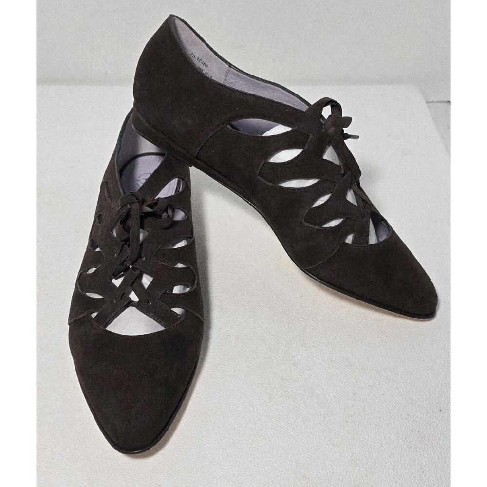 Johnston & Murphy Brown Suede Lace-Up Cut-Out Pointed Toe Flats Sz 9 NEW